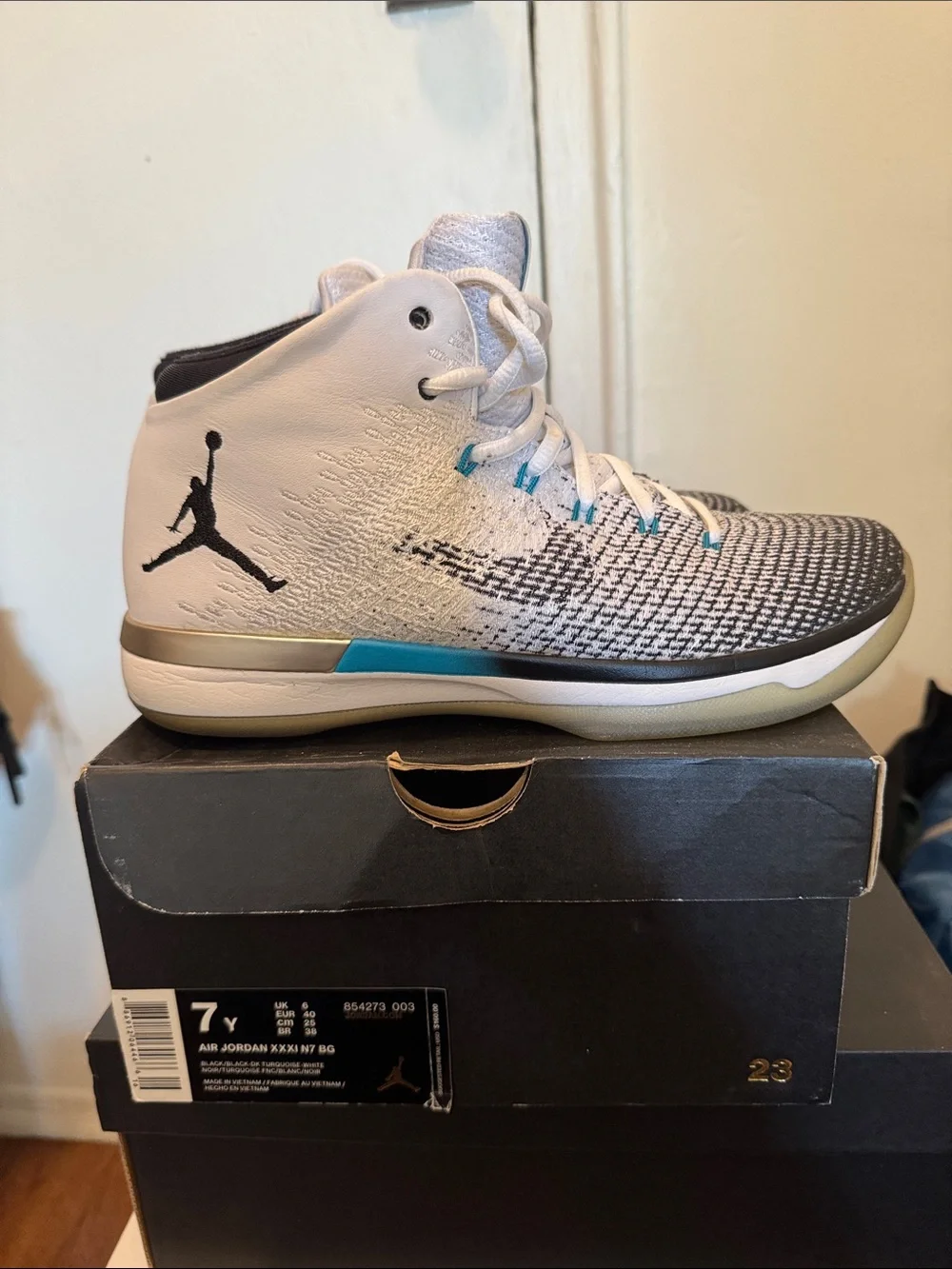Jordan Men’s Athletic Shoes - White/Black with Teal Accents